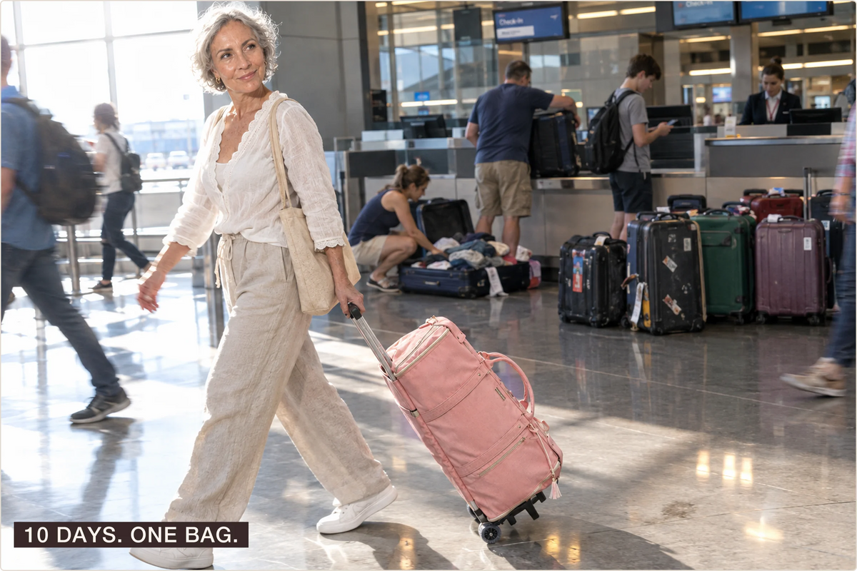 A woman in her sixties walks through an airport pulling one pink Luhxe bag past travellers struggling with piles of suitcases