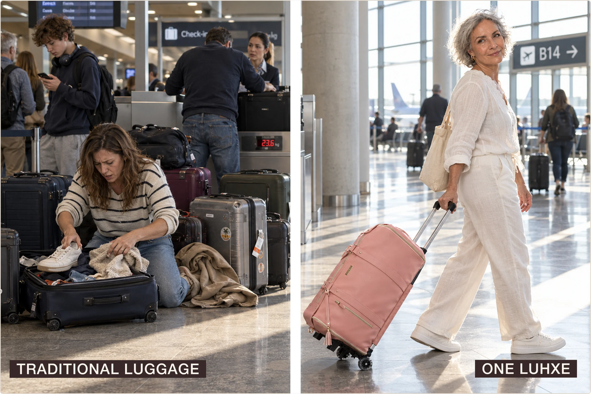 Side by side: a woman kneeling among overstuffed suitcases at check-in, labelled Traditional luggage, and a woman walking calmly with one Luhxe bag, labelled One Luhxe