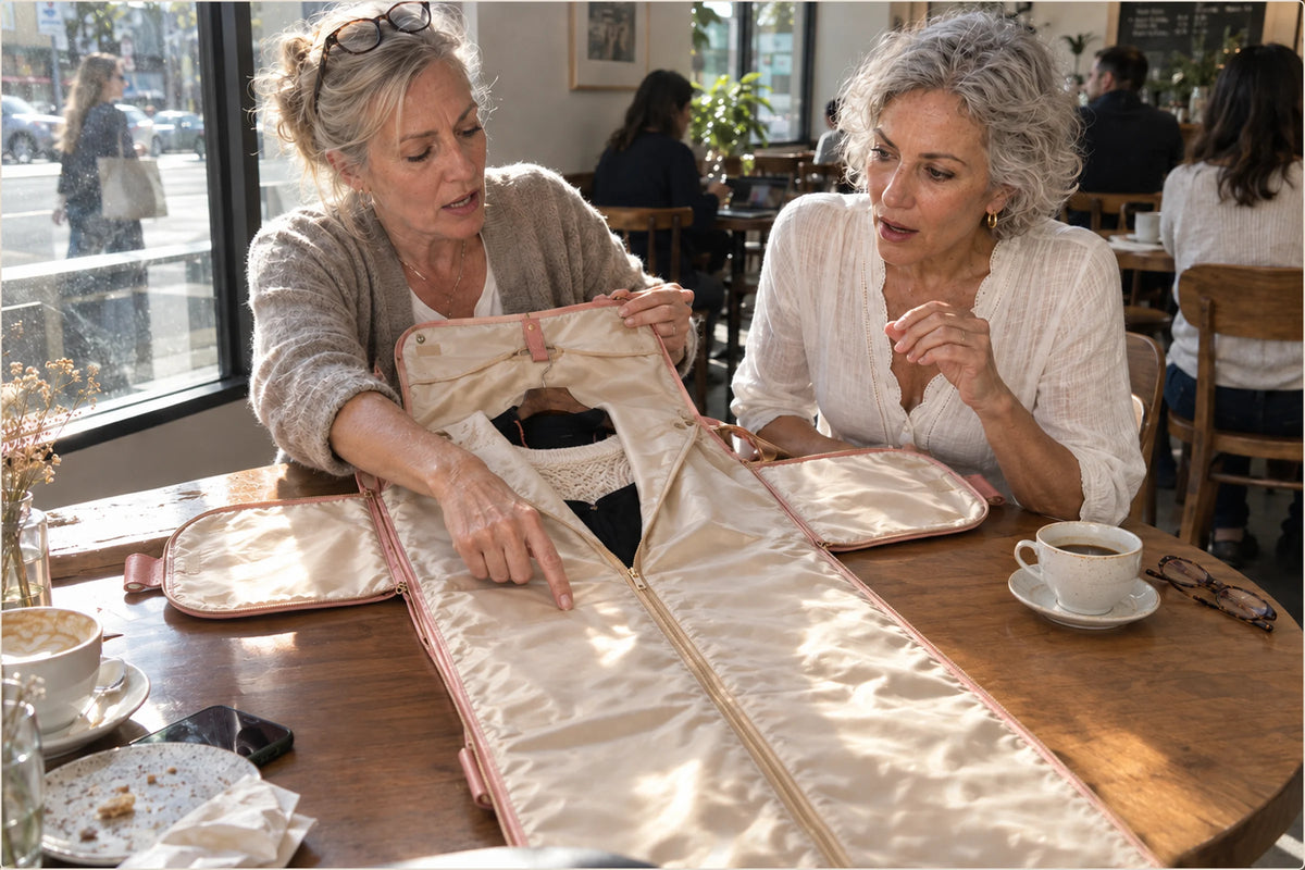 Two women at a cafe table as one unfolds the Luhxe garment section to show how it opens