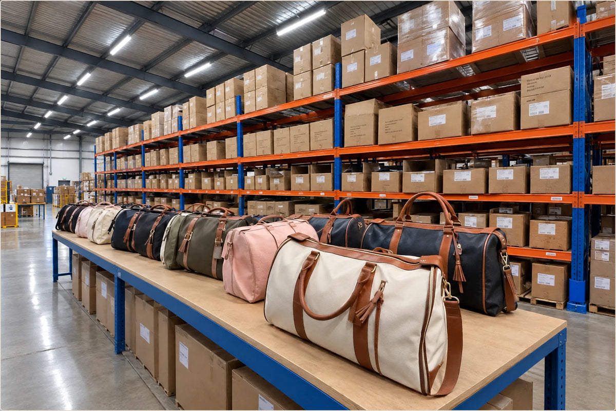 Rows of Luhxe bags in several colours lined up on a table in a warehouse stacked with shipping boxes