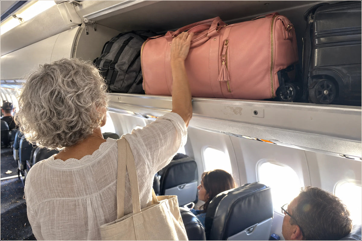 The grandmother lifts her pink Luhxe bag into an airplane overhead bin