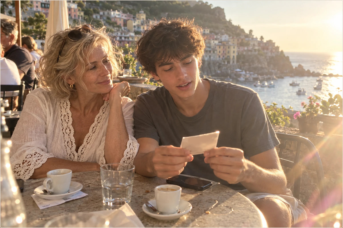 The grandmother and her grandson at a seaside cafe in Cinque Terre, looking at an old photograph together