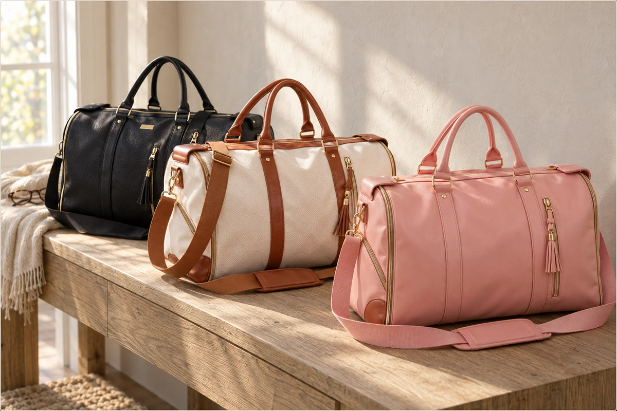 Three Luhxe bags in black, cream and pink on a wooden bench in soft sunlight