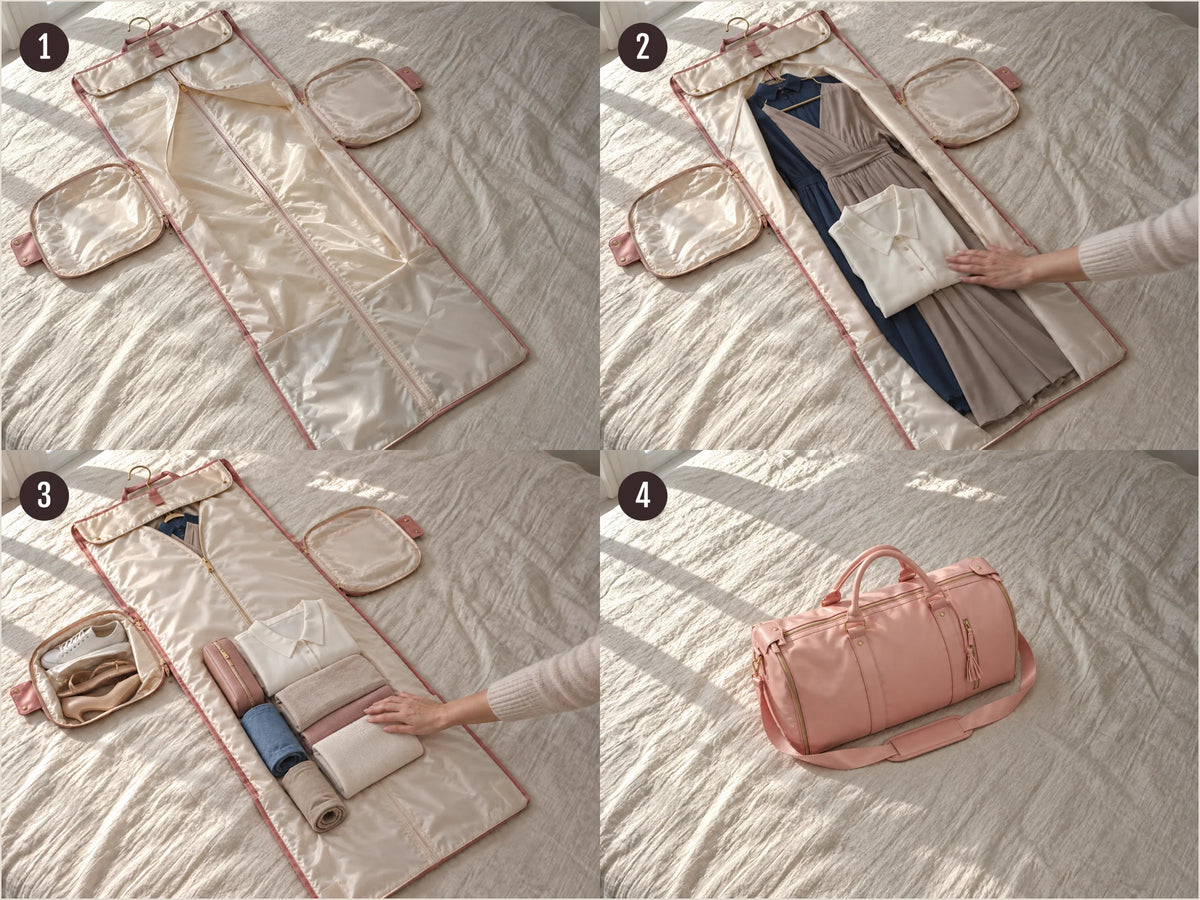 Four numbered steps: the Luhxe bag opened flat, a dress laid in the garment section, clothes packed in the centre, and the bag zipped closed as a duffel
