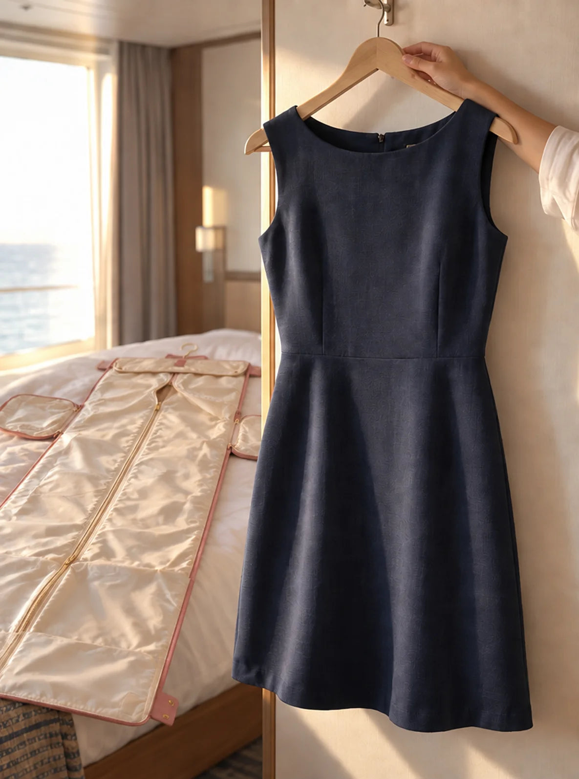 The same navy dress hanging smooth, beside the unfolded Luhxe garment section