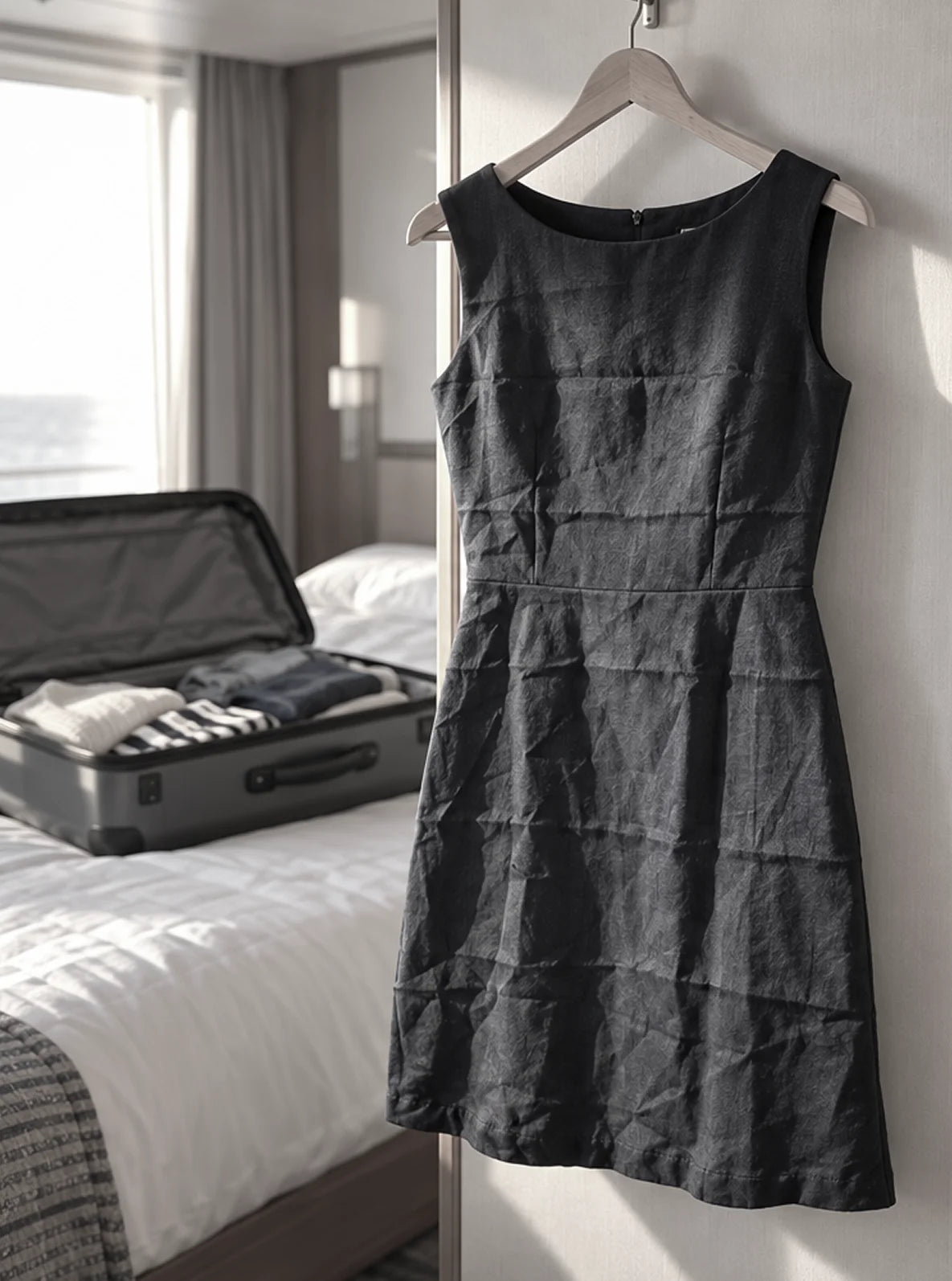 A wrinkled navy dress on a hanger in a cruise cabin, beside an open suitcase