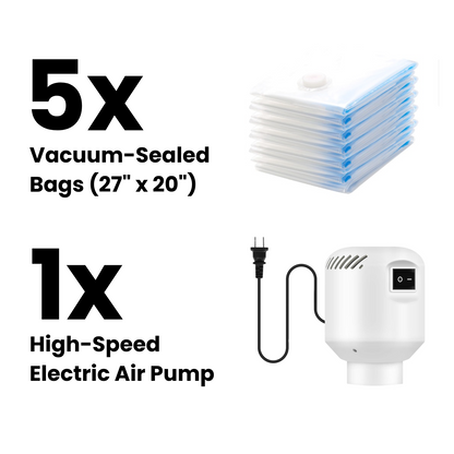 JUMBO Vacuum-Sealed Bag Kit (5x Bags + 1x Electric Pump)