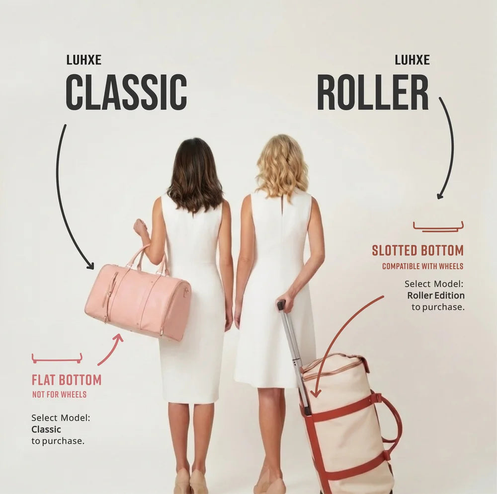 Two women walking side by side, one carrying the Luhxe Classic, the other rolling the Luhxe Roller Edition