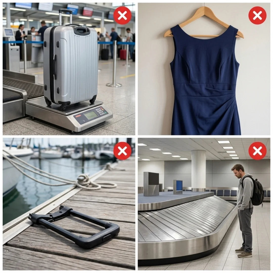 Four common packing fixes that fail: an overweight suitcase, a creased dress, a broken handle and a long wait at the carousel