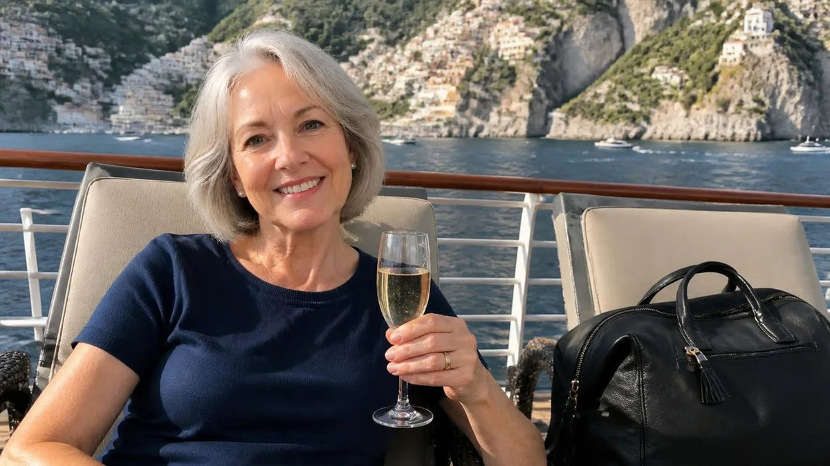 Linda on the cruise ship deck with her one charcoal Luhxe bag, the Italian coast behind her