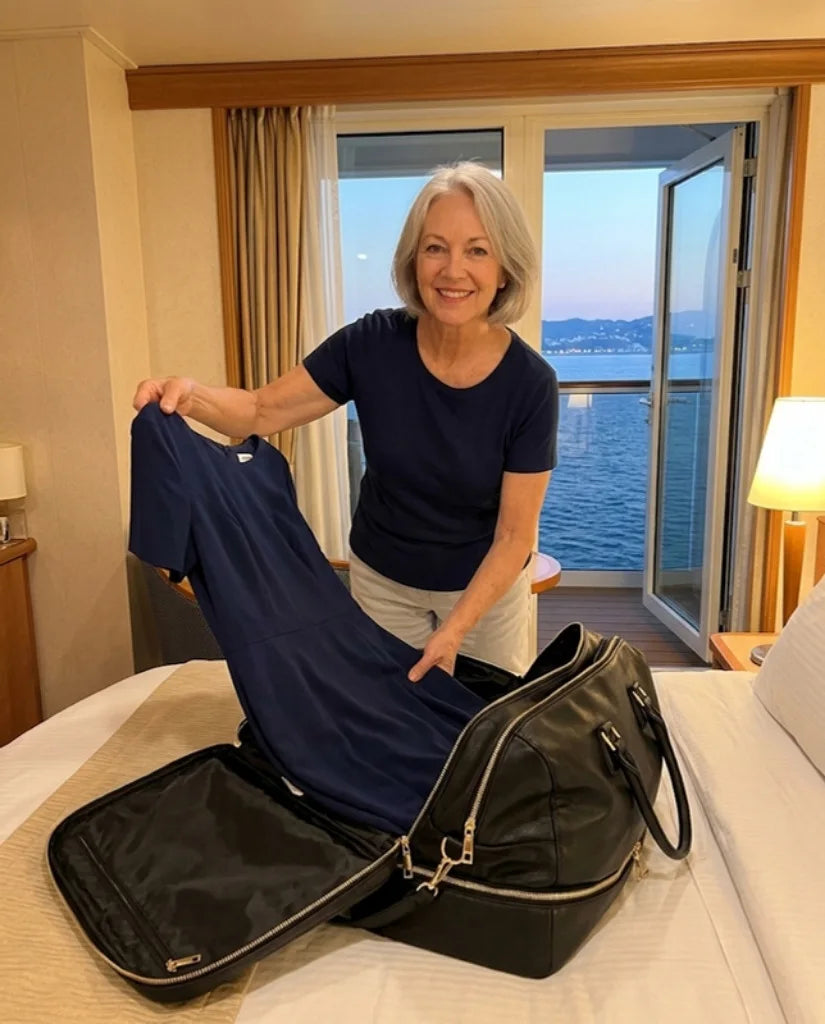 Linda lifting a crease free navy dress out of the hidden compartment of her Luhxe bag in her cabin