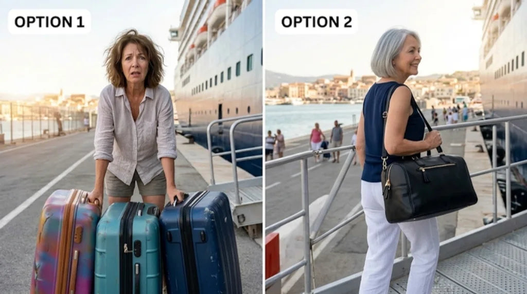Option 1, struggling with three suitcases at the gangway, next to option 2, walking up with one bag on the shoulder
