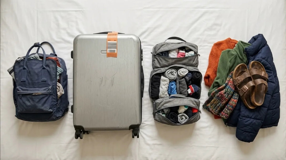 A stuffed backpack, a hard shell spinner, compression cubes and a pile of sweaters laid out on a hotel bed