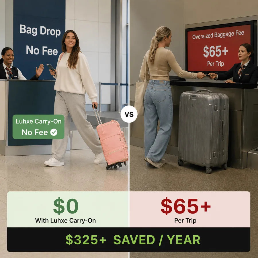 Split image: a traveler paying a checked bag fee next to a traveler walking past with a Luhxe carry on