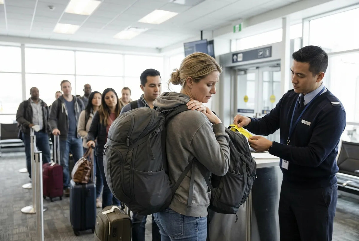 A gate agent attaching a gate check tag to Megan's overstuffed travel backpack at the boarding gate