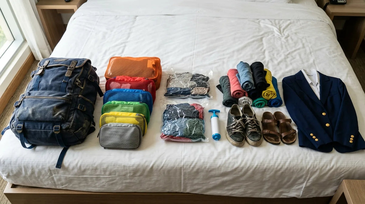 Packing cubes, vacuum bags with a hand pump, a stuffed travel backpack and rolled clothes laid out on a bed next to a folded flight attendant uniform
