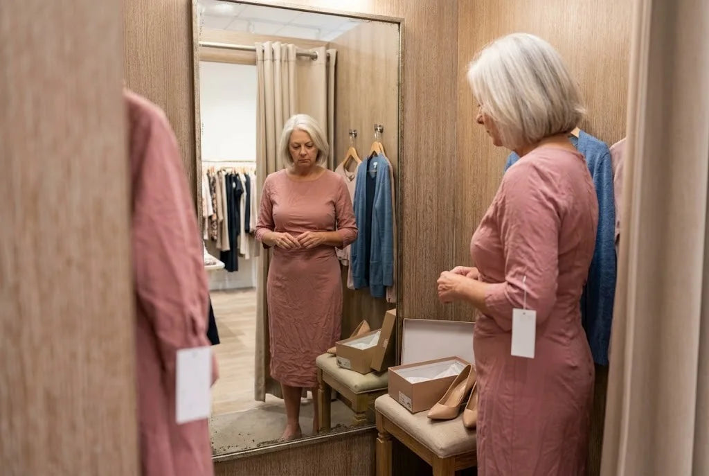 Diane in a boutique fitting room the morning of the wedding, unhappy in a dress she had to buy in a hurry