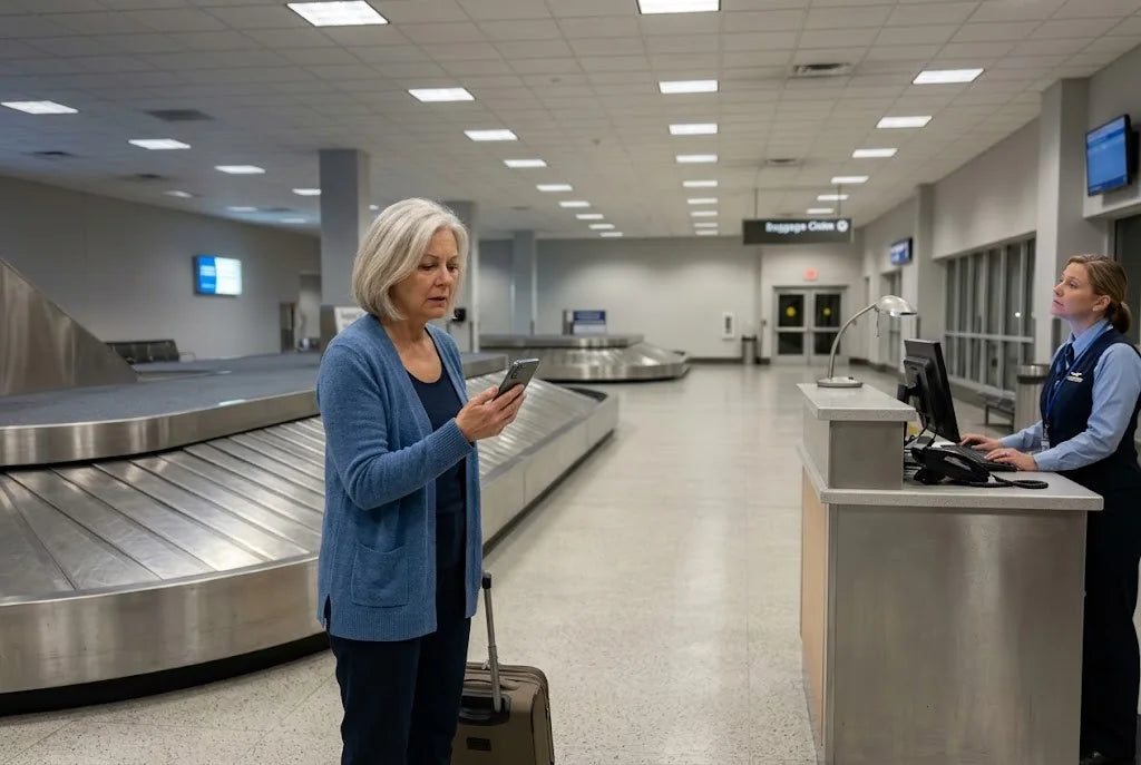Diane at baggage claim looking at her phone, where the airline app shows her suitcase is still in Charlotte