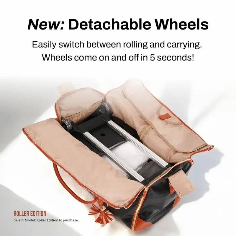 Luhxe detachable wheels coming on and off the bag in about five seconds