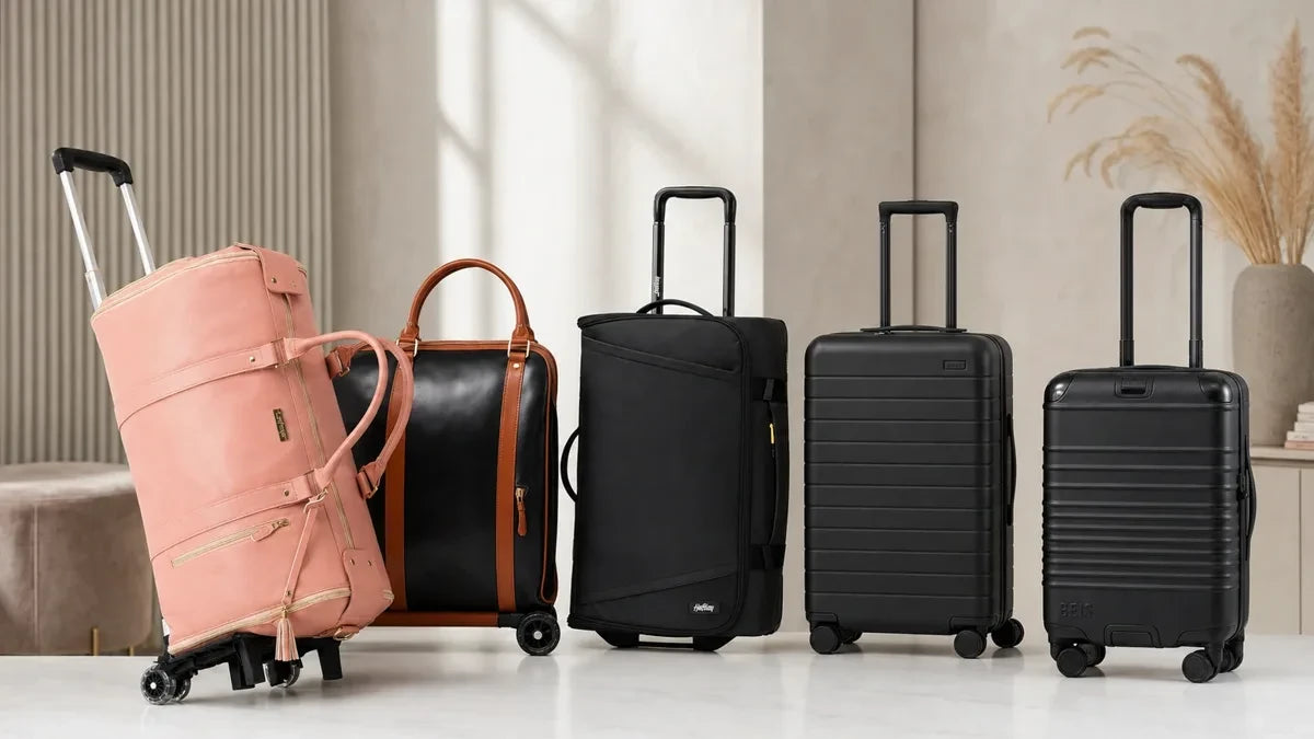 A rose pink Luhxe Travel Bag 2.0 on wheels next to four black rolling suitcases in an airport lounge